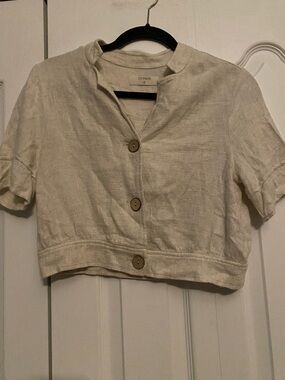 Cream Short-Sleeve Cropped Linen blend Button Top